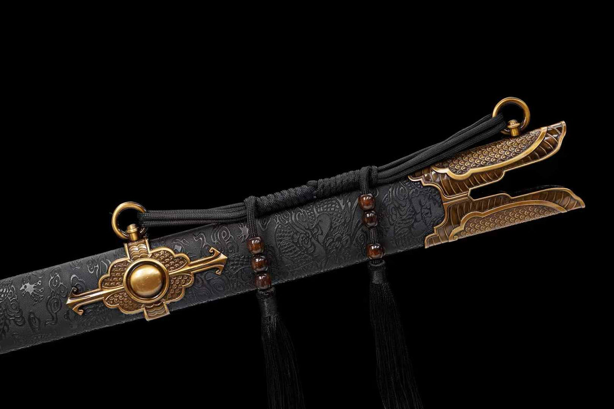 Double-Dragon Jian | Hand-Forged High Manganese Steel Chinese Sword with Dragon Relief Fittings & Black Scabbard