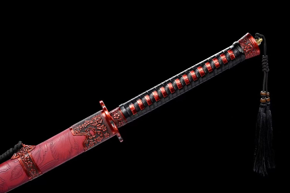 Qing dao Sword Real Forged High Carbon Steel Blade,Alloy Fittings,Red Scabbard