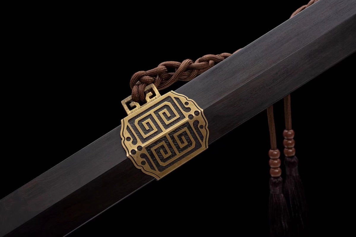 Qin King Jian | Hand-Forged Pattern Steel Chinese Sword with Brass Fittings & Ebony Scabbard
