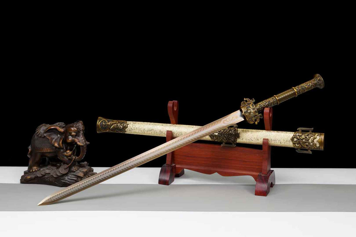 Yue King Jian Sword | Hand-Forged High Manganese Steel Chinese Jian with Bronze Alloy Fittings & Dragon Scabbard