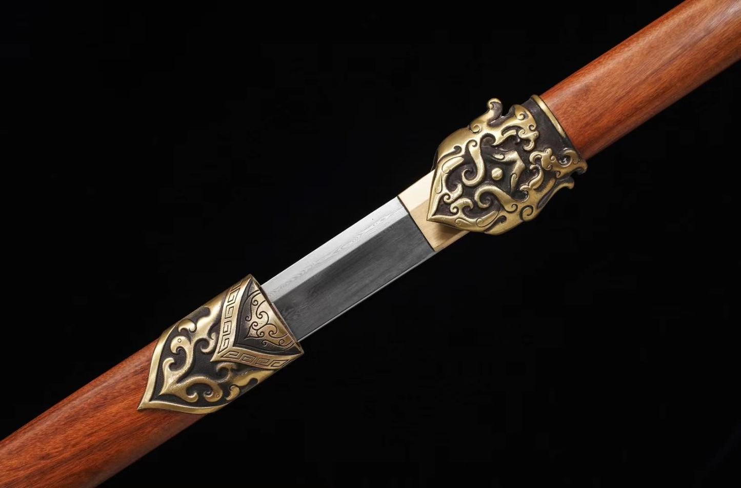 Rosefinch Tang dao Swords-Handcrafted Damascus Steel Blade with Brass Fittings Rosewood Scabbard