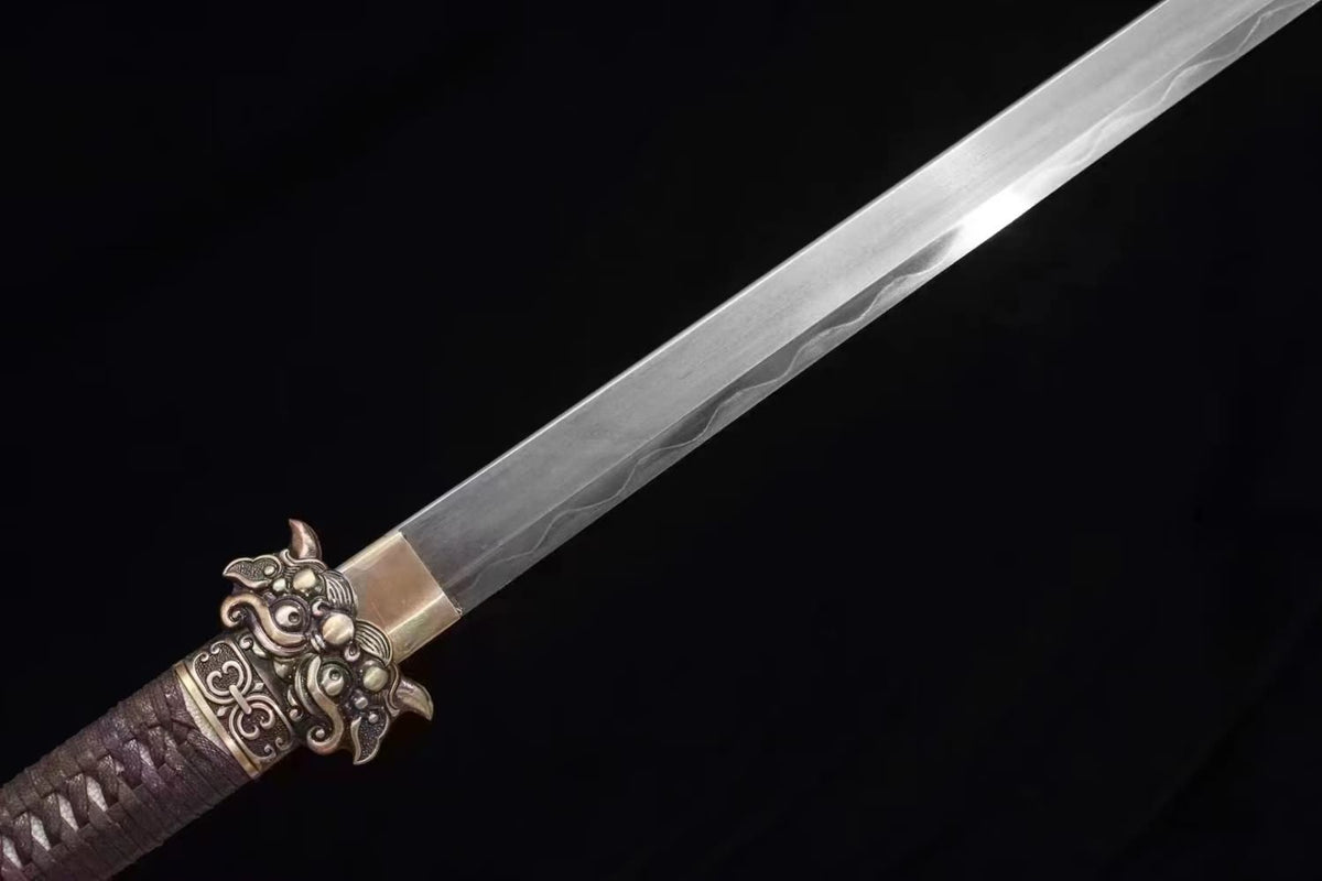 Dragon Roaring Tang Sword-Damascus Steel Blade, Soil Quenched,Purple Copper Scabbard, Brass Fittings.Perfect for Collectors and Enthusiasts.