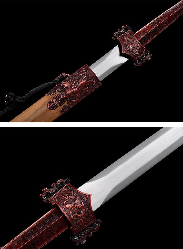 Four Beasts Han Jian partly drawn from its wooden scabbard with beast-themed alloy fittings