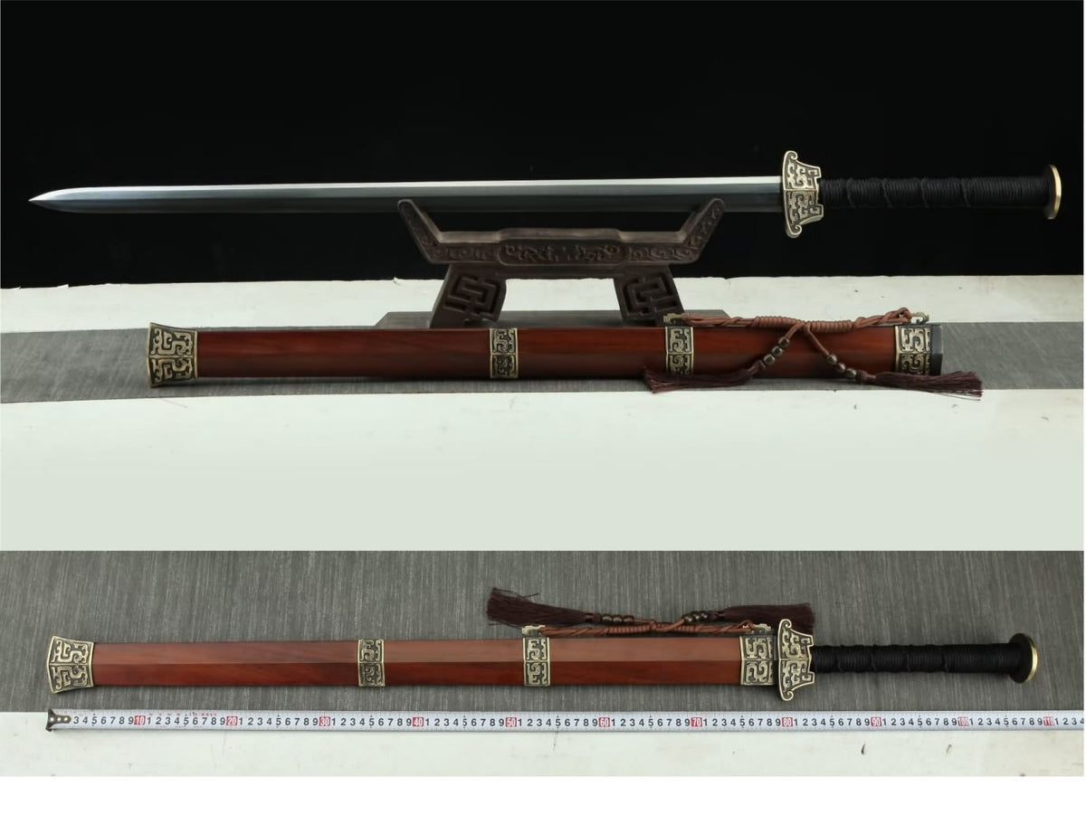 Hanwang Jian and matching wooden scabbard in a full-length view with a metric measuring tape; stand not included