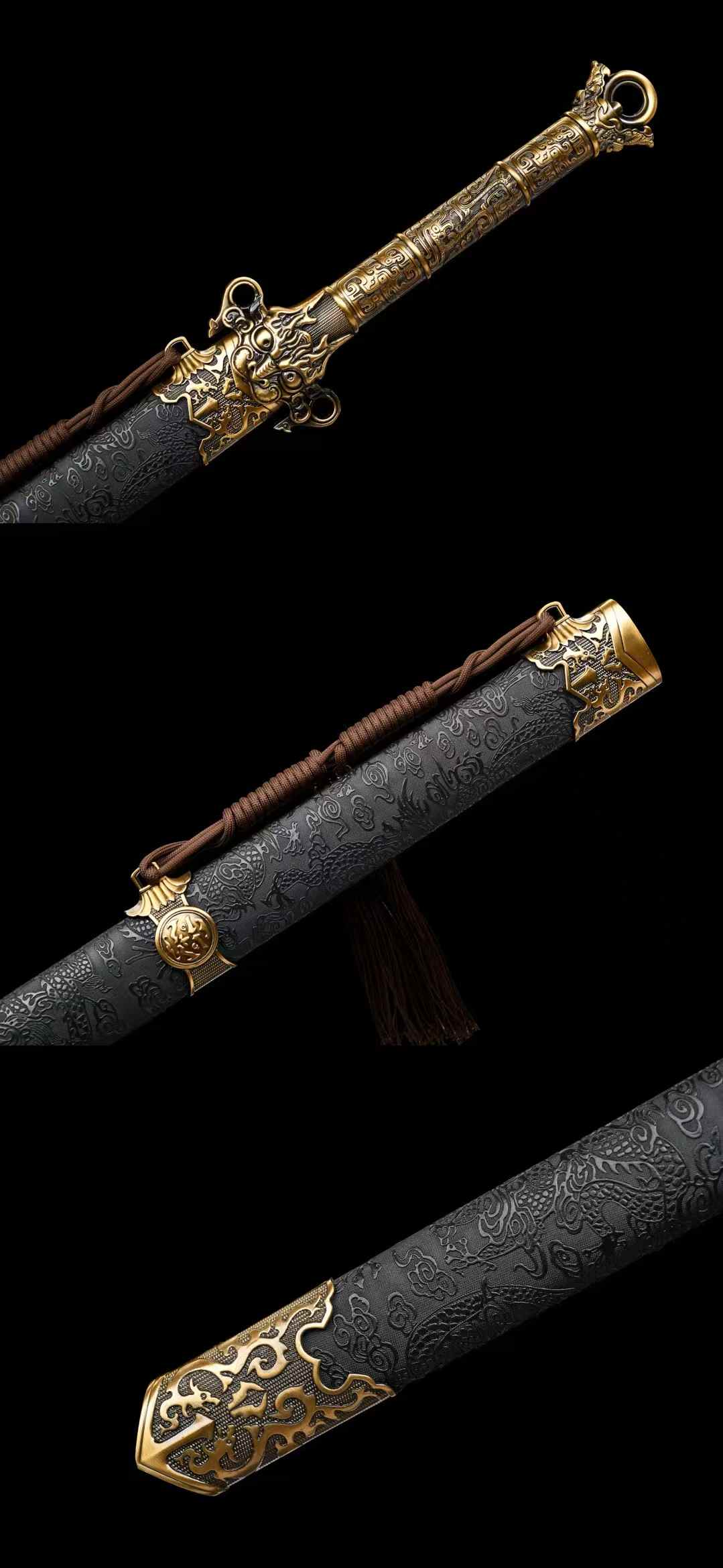 Ring-Pommel Sword | High Manganese Steel Blade with Golden Etching | Black Dragon Pattern Scabbard