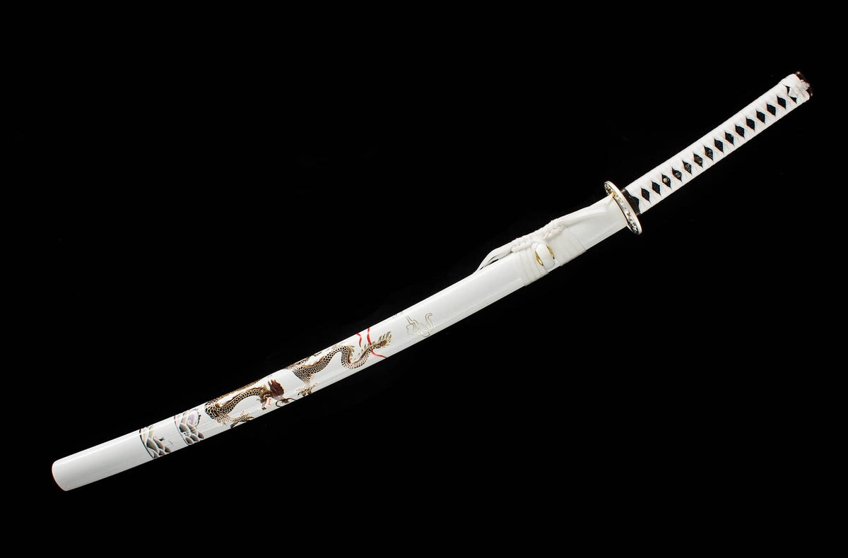 Kinryu “Gold Dragon” Katana – 40.6″ T10 Clay-Tempered Blade, White Lacquer Saya