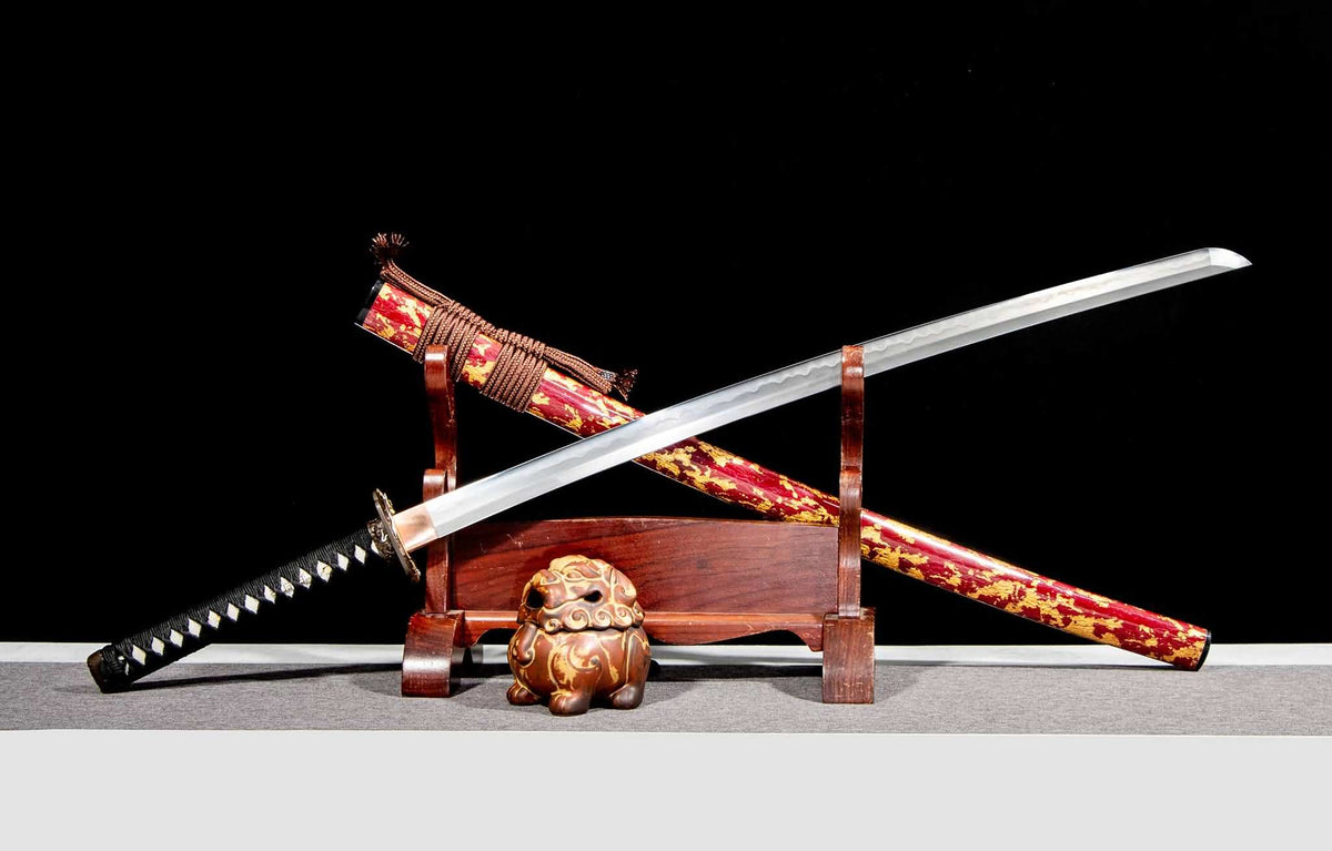 Wootz Steel Hamon Katana – 40.9″ with Red Speckled Lacquer Saya, Gilt Brass & Silver Fittings