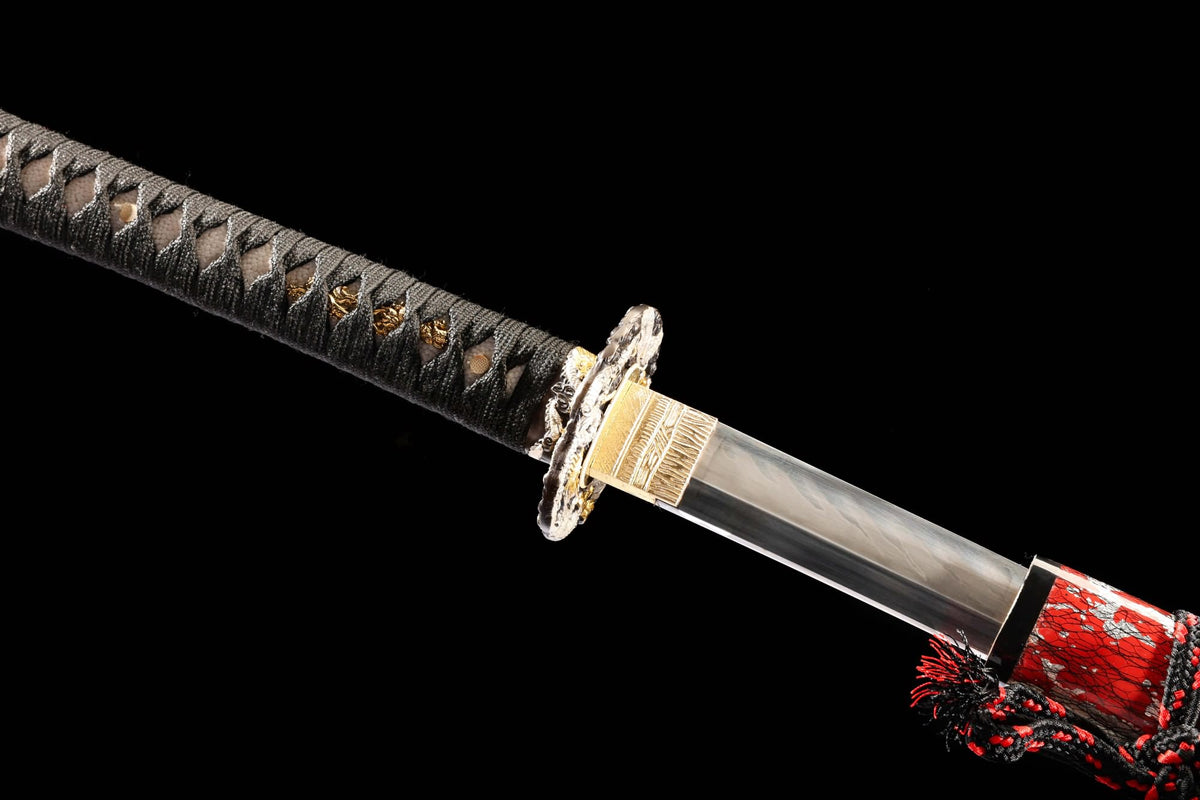 Luxury T10 Clay Tempered Katana – Gold Foil Lacquer Scabbard with Dragon Motif & Real Hamon Blade - Chinese Sword store