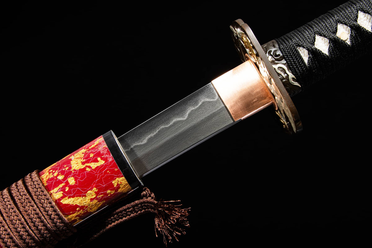Wootz Steel Hamon Katana – 40.9″ with Red Speckled Lacquer Saya, Gilt Brass & Silver Fittings