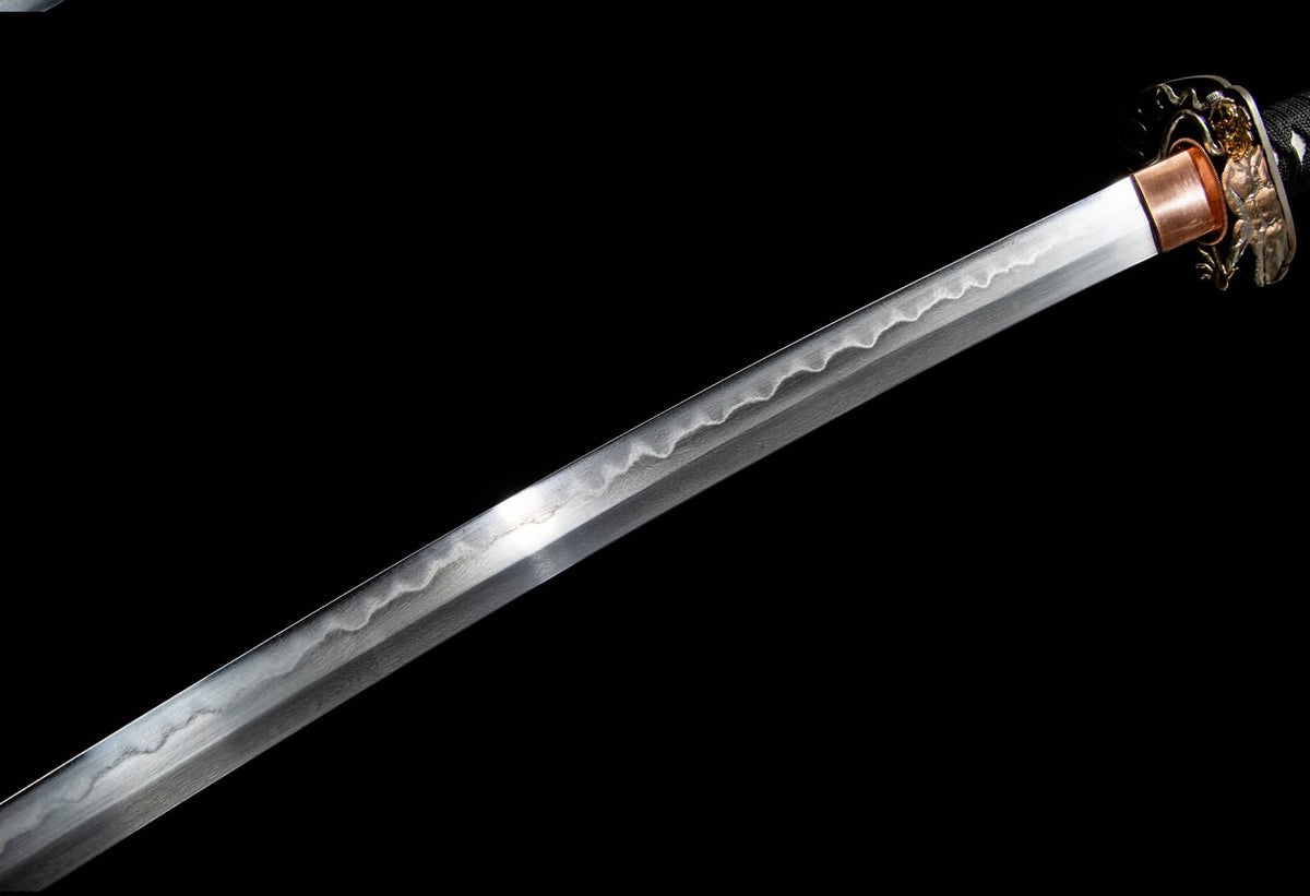 Wootz Steel Hamon Katana – 40.9″ with Red Speckled Lacquer Saya, Gilt Brass & Silver Fittings