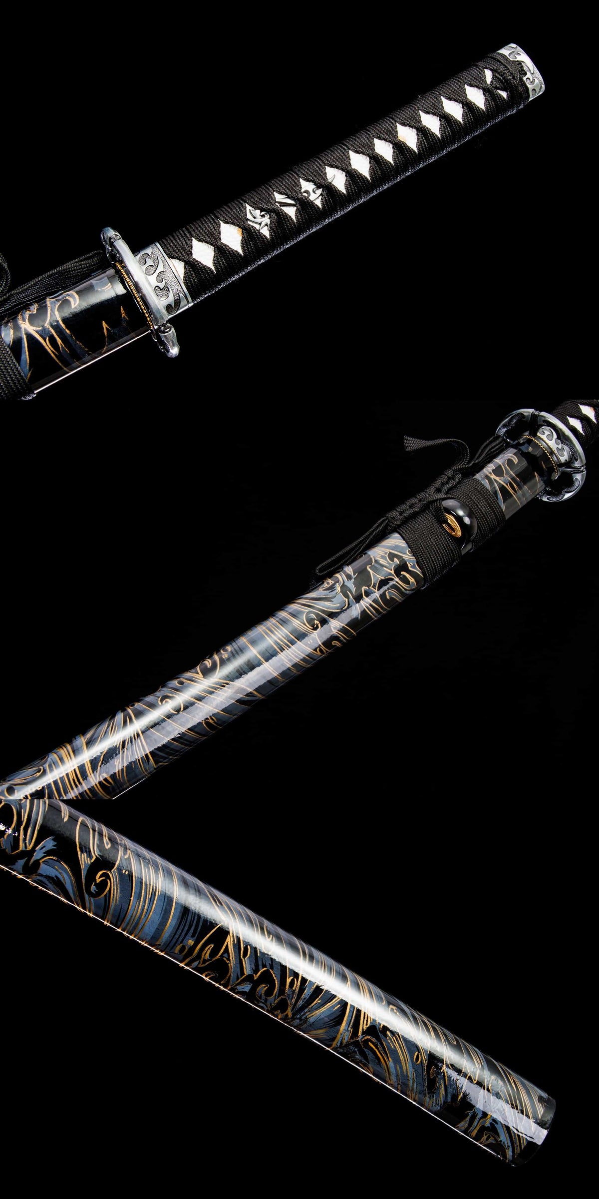katana sword with lacquered wood saya on display stand
