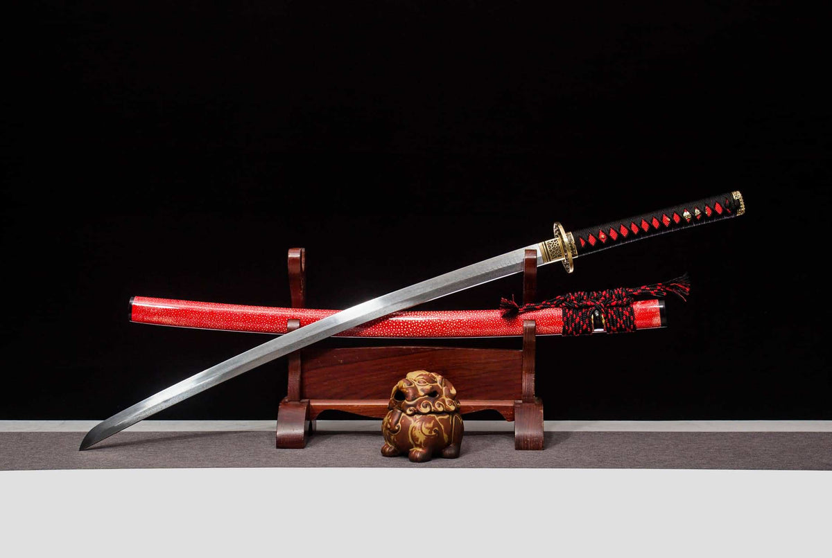 Kotesugiri Katana – 41.3″ Feather-Pattern Damascus, Brass Fittings & Faux Rayskin Saya