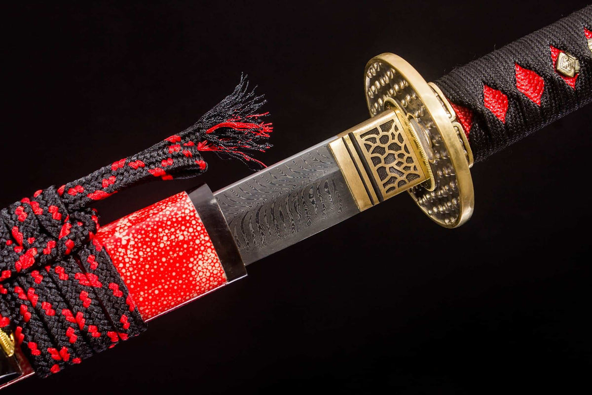 Kotesugiri Katana – 41.3″ Feather-Pattern Damascus, Brass Fittings & Faux Rayskin Saya