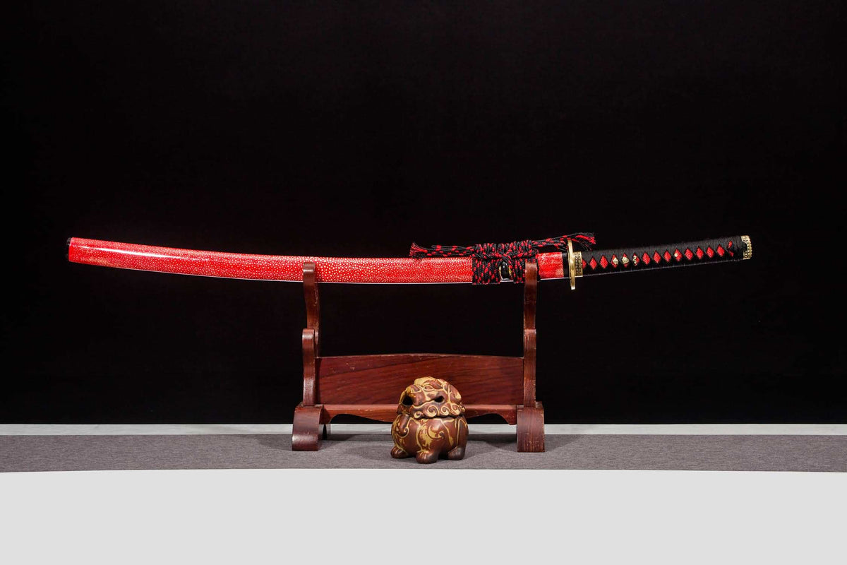 Kotesugiri Katana – 41.3″ Feather-Pattern Damascus, Brass Fittings & Faux Rayskin Saya