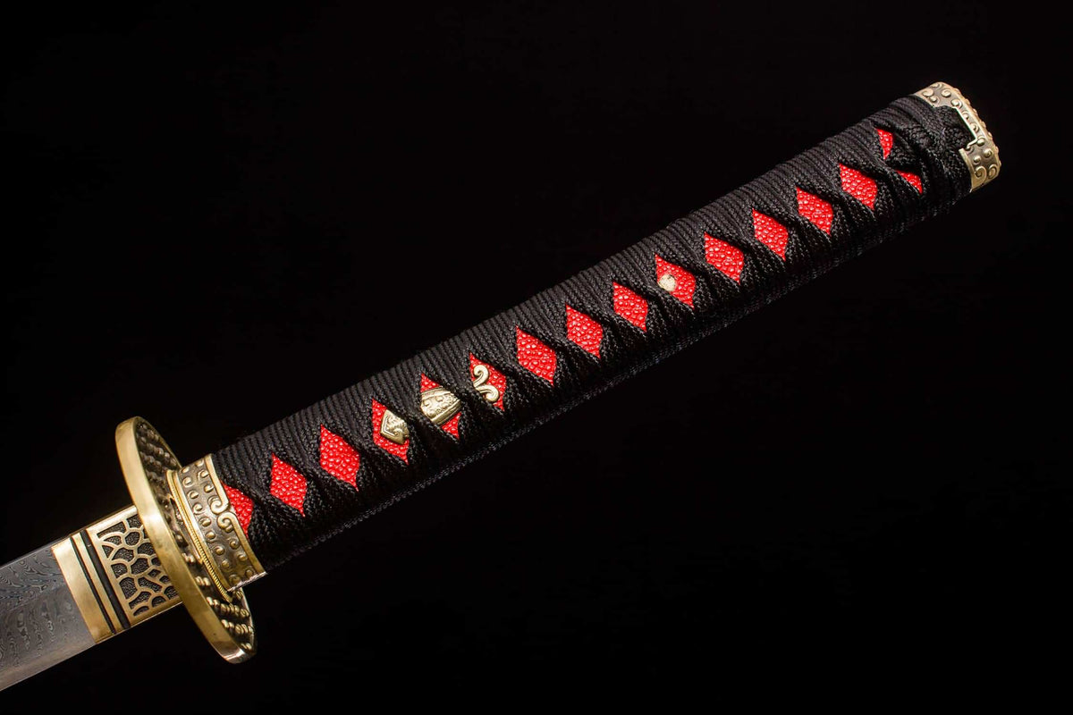 Kotesugiri Katana – 41.3″ Feather-Pattern Damascus, Brass Fittings & Faux Rayskin Saya