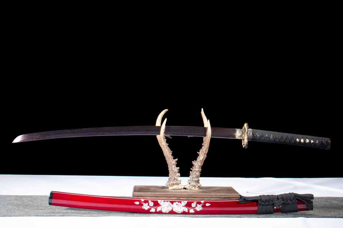 Purple Feather-Pattern Katana – T10 Folded Steel with Gilded Copper Fittings