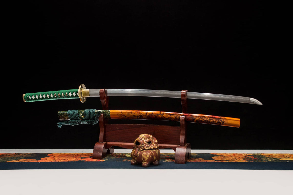 Damascus Hamon Katana – 41.1″ Pattern-Steel Blade, Green Tsuka & Amber Lacquer Saya