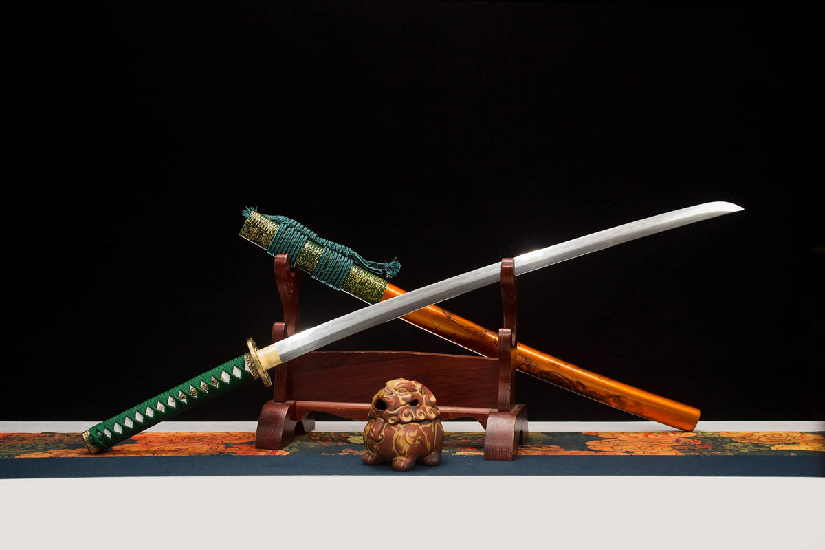 Damascus Hamon Katana – 41.1″ Pattern-Steel Blade, Green Tsuka & Amber Lacquer Saya