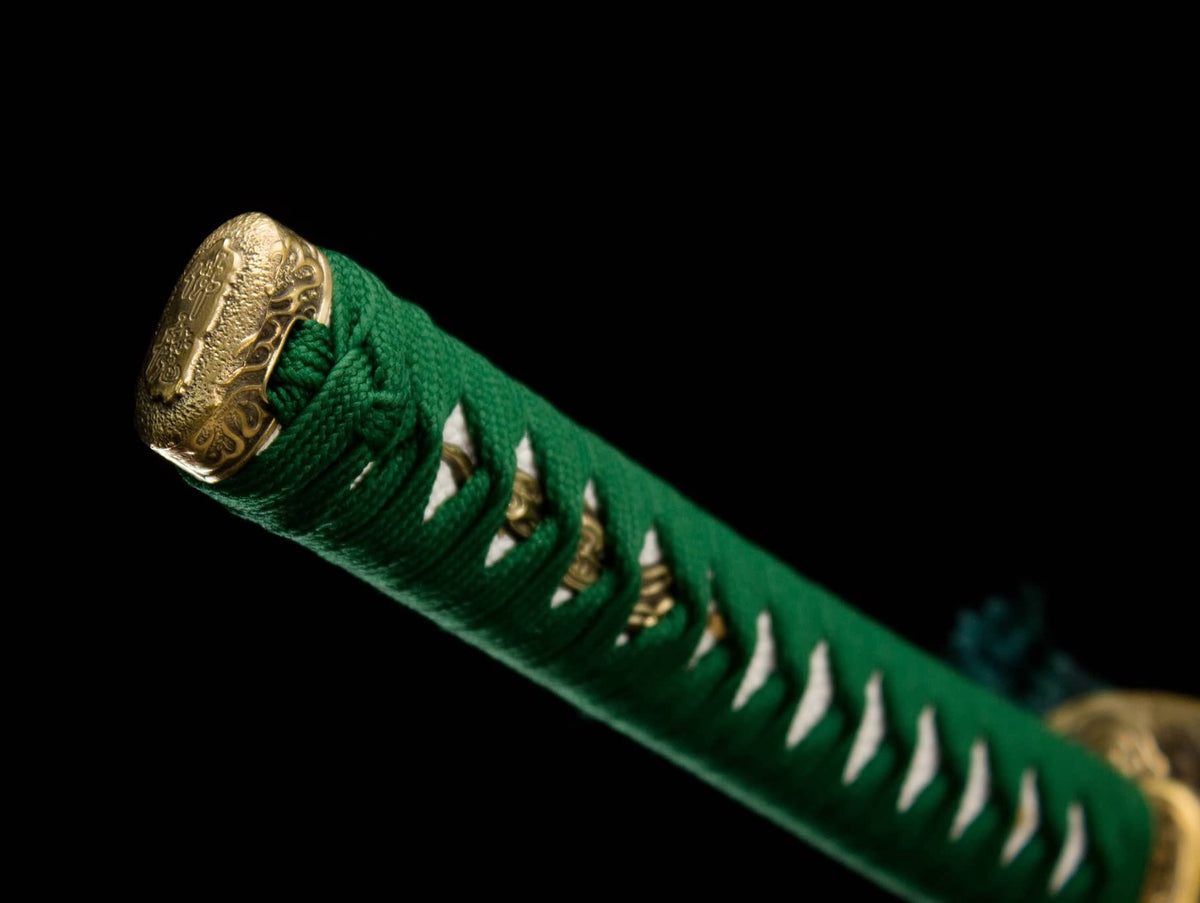 Damascus Hamon Katana – 41.1″ Pattern-Steel Blade, Green Tsuka & Amber Lacquer Saya