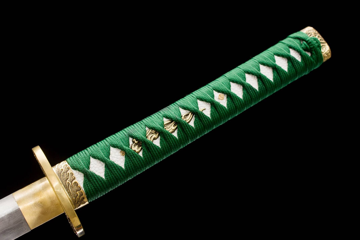 Damascus Hamon Katana – 41.1″ Pattern-Steel Blade, Green Tsuka & Amber Lacquer Saya
