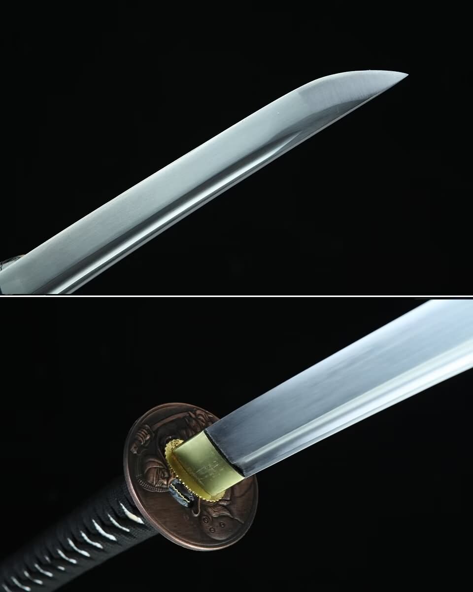 Engraved Iron-Saya Katana — 28.3″ High-Carbon Blade, Antique Copper Fittings, Hand-Wrapped Tsuka