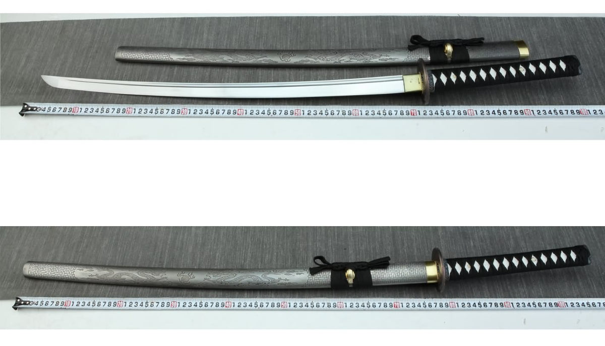 Engraved Iron-Saya Katana — 28.3″ High-Carbon Blade, Antique Copper Fittings, Hand-Wrapped Tsuka