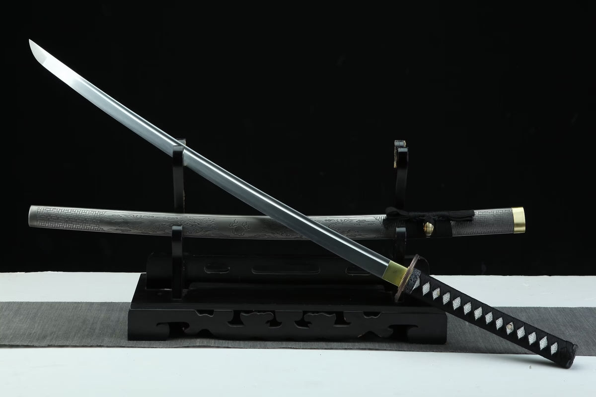 Engraved Iron-Saya Katana — 28.3″ High-Carbon Blade, Antique Copper Fittings, Hand-Wrapped Tsuka