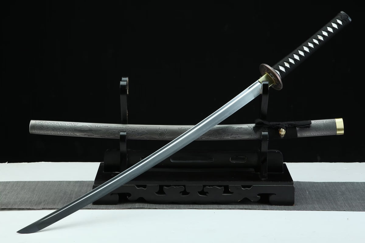 Engraved Iron-Saya Katana — 28.3″ High-Carbon Blade, Antique Copper Fittings, Hand-Wrapped Tsuka