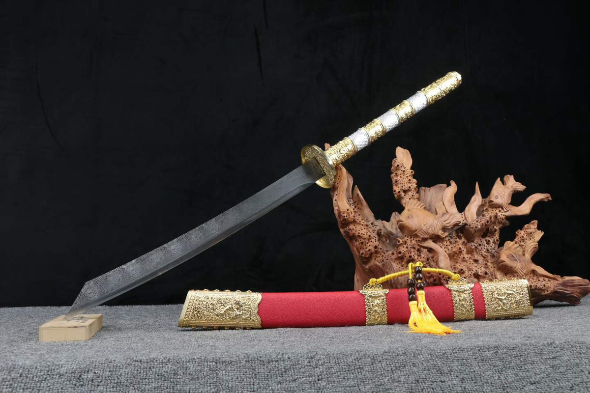 Reverse full view of Kangxi Dao showing the leopard-pattern blade and red scabbard; display props not included