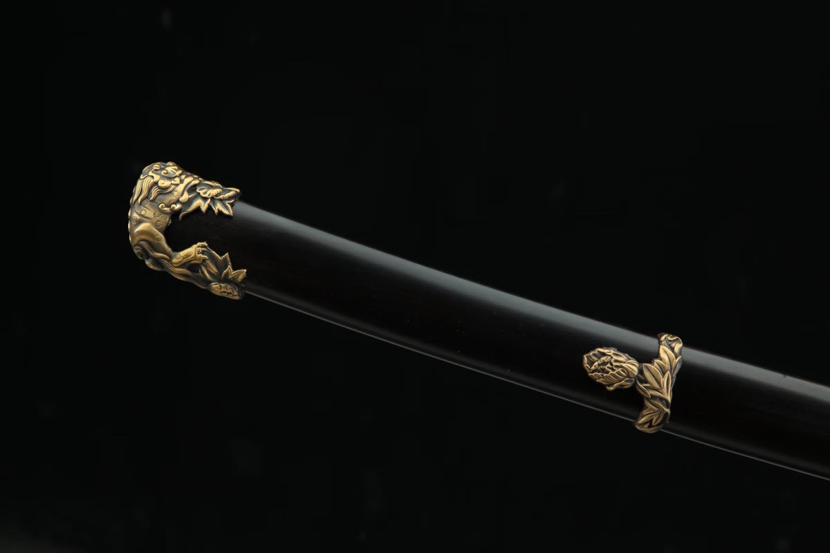 Folded Damascus Tachi — 28.7″ Blade, Ebony Saya, Carved Copper Fittings