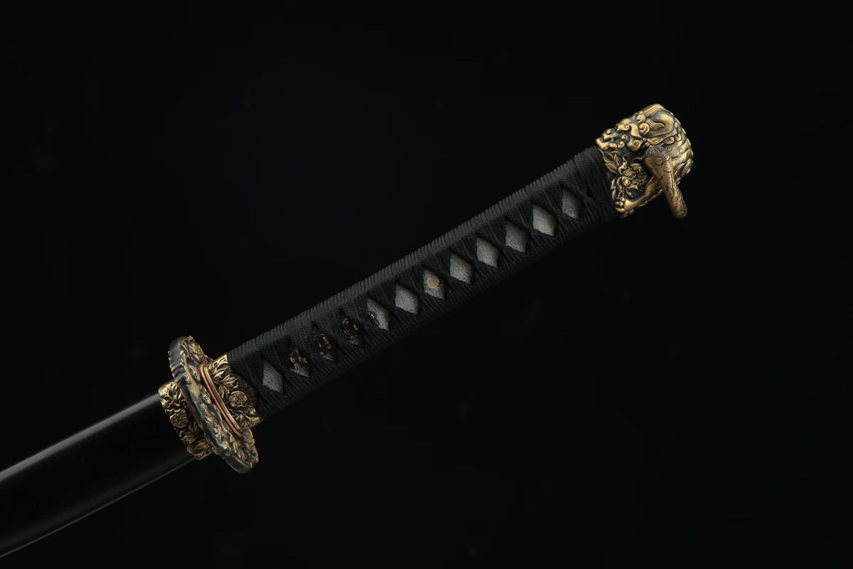 Folded Damascus Tachi — 28.7″ Blade, Ebony Saya, Carved Copper Fittings