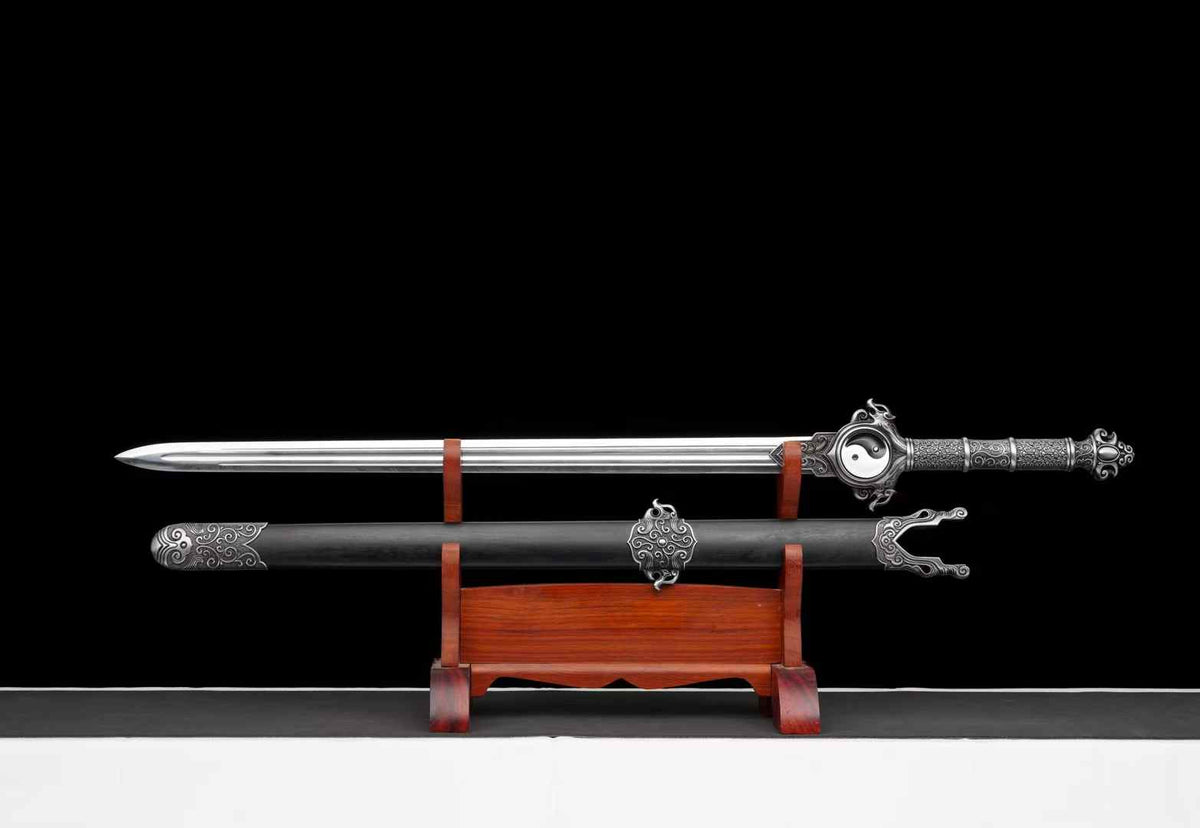 Qingfeng Jian Chinese straight sword with polished blade, dark wooden scabbard and Yin-Yang guard; display stand not included