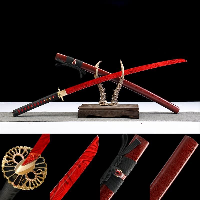 Black Red Snowflake Katana – Hand Forged 1065 High Carbon Steel Japanese Samurai Sword with Crimson Pattern Blade