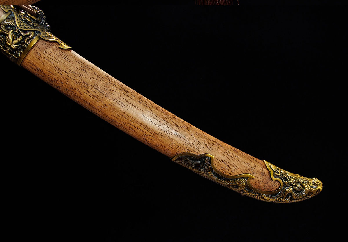 Longxiao Dragon Curved Dao – 32.3″ Manganese Steel, Dyed Wood Scabbard