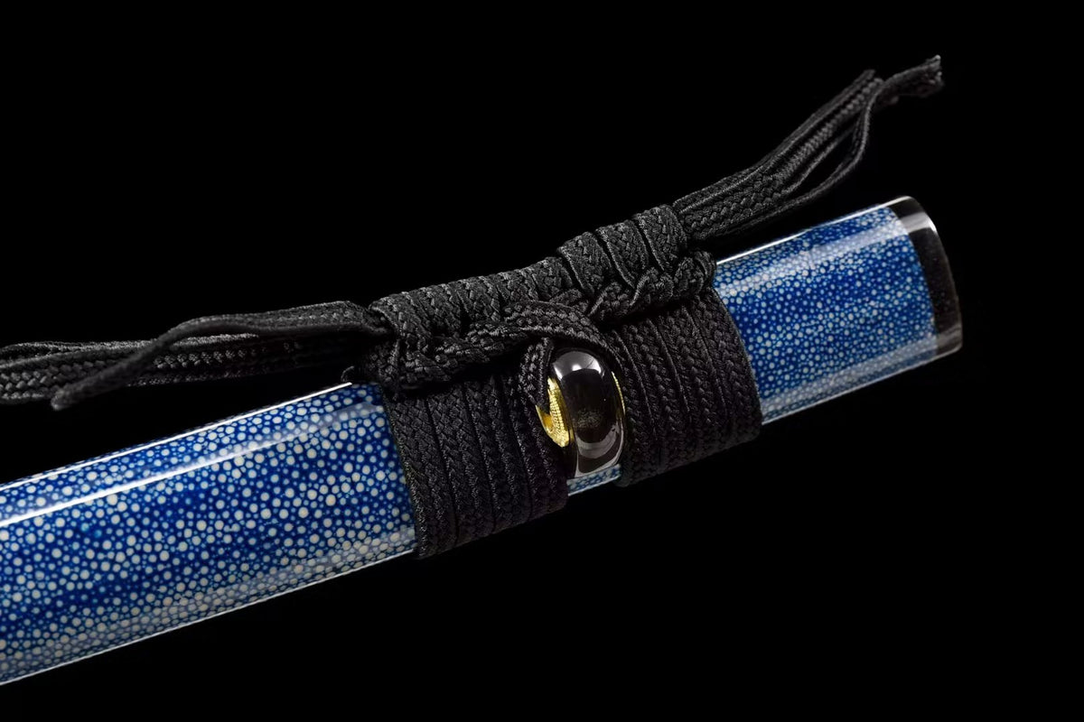 Japanese Katana – Hand Forged Pattern Steel Sword with Blue Rayskin Scabbard, Premium Collectible Display - Chinese Sword store