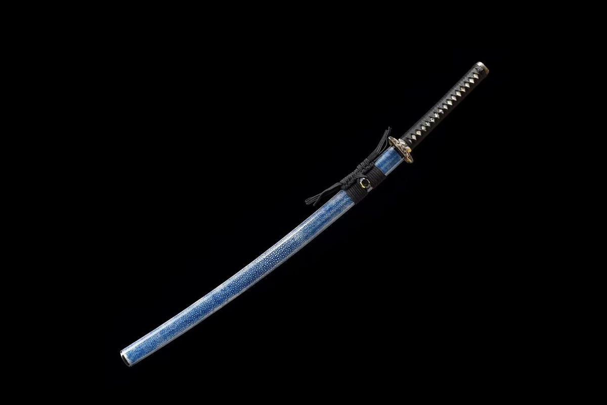 Japanese Katana – Hand Forged Pattern Steel Sword with Blue Rayskin Scabbard, Premium Collectible Display - Chinese Sword store