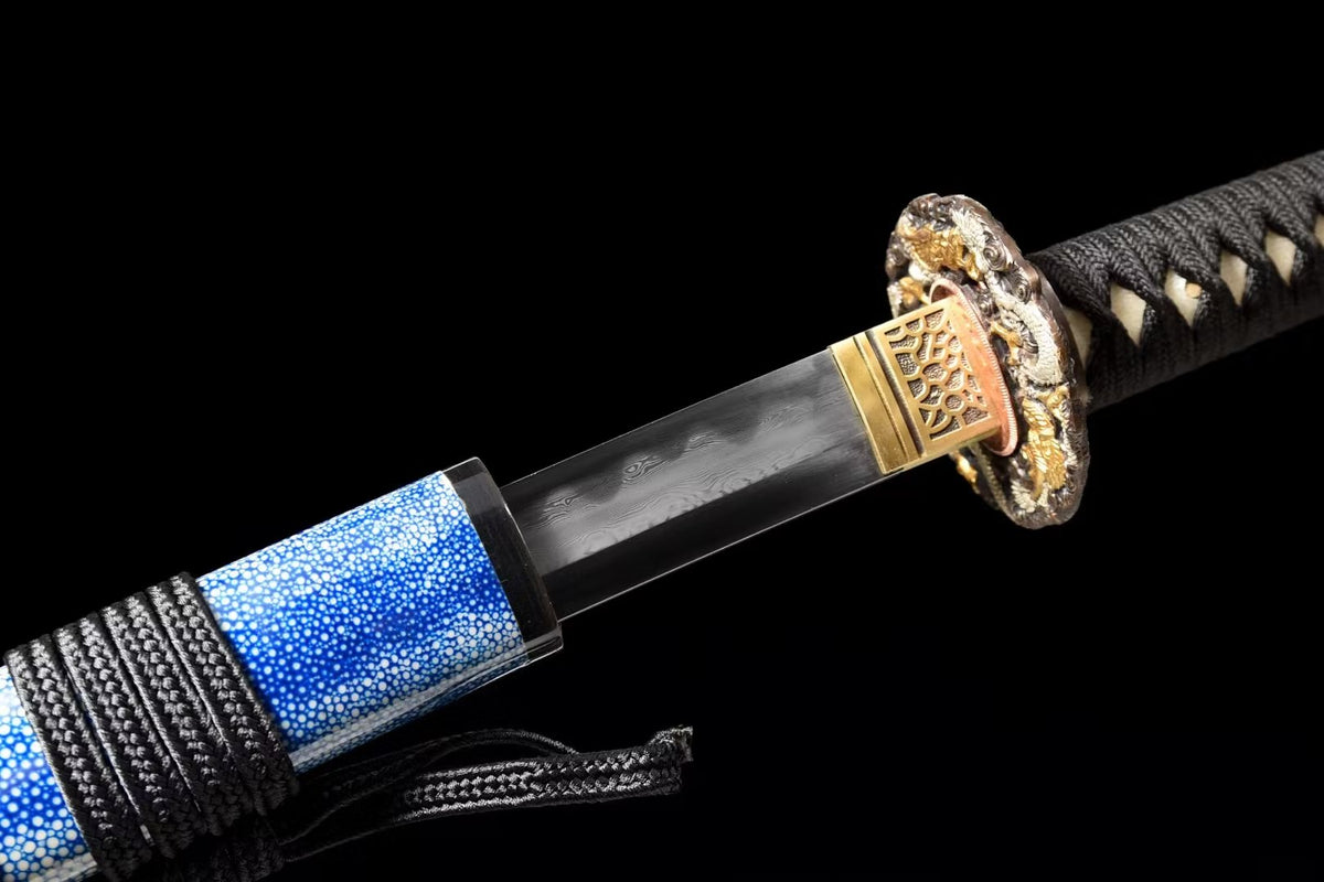 Japanese Katana – Hand Forged Pattern Steel Sword with Blue Rayskin Scabbard, Premium Collectible Display - Chinese Sword store