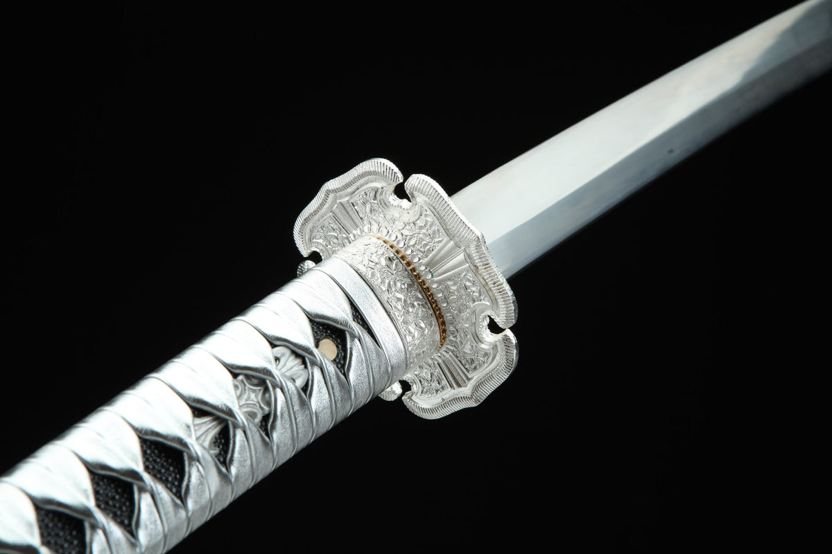 Japanese Tachi Sword – T10 Steel Blade with Ebony Wood Scabbard & Silver Wrap Handle - Chinese Sword store