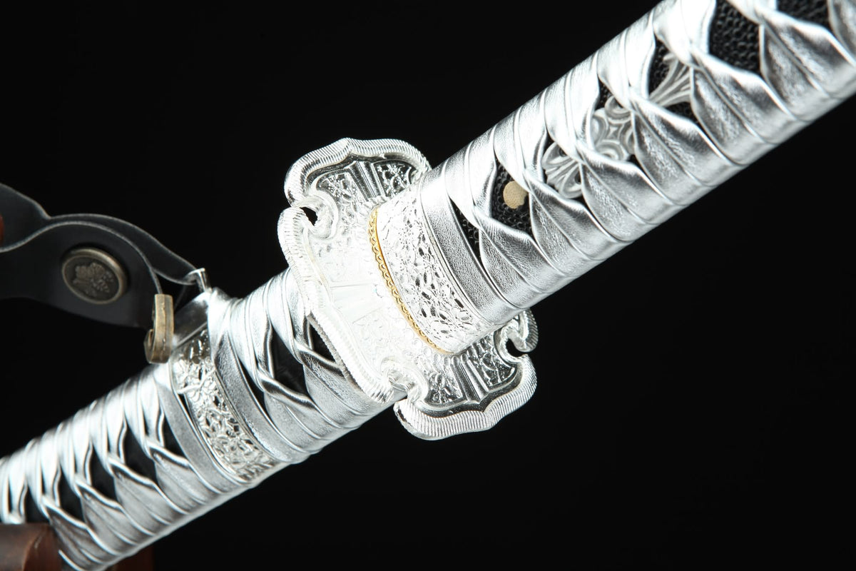 Japanese Tachi Sword – T10 Steel Blade with Ebony Wood Scabbard & Silver Wrap Handle - Chinese Sword store