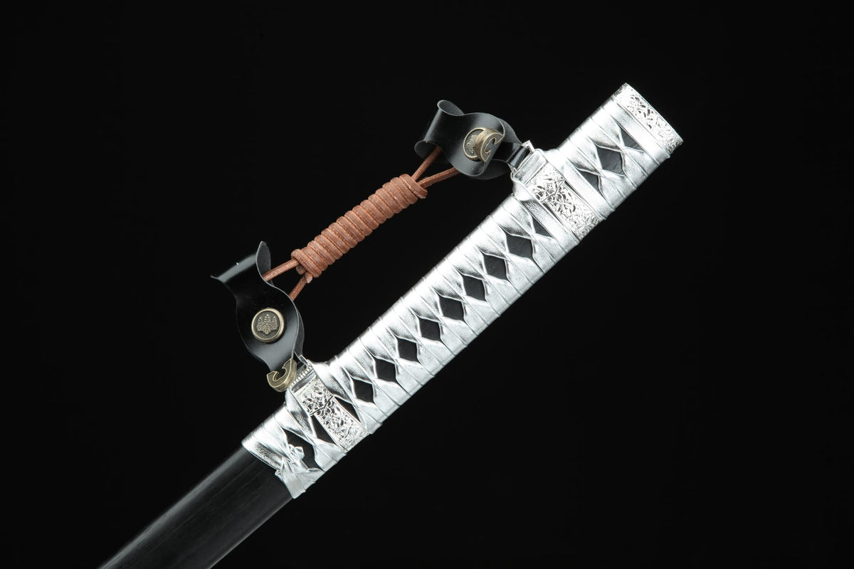 Japanese Tachi Sword – T10 Steel Blade with Ebony Wood Scabbard & Silver Wrap Handle - Chinese Sword store