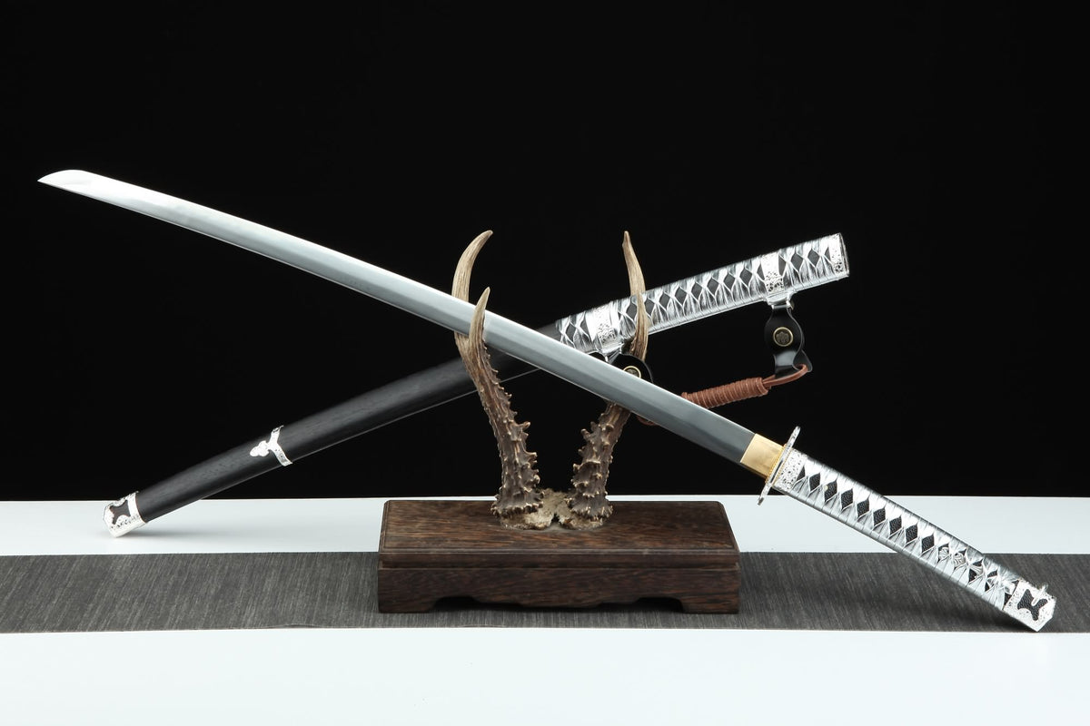Japanese Tachi Sword – T10 Steel Blade with Ebony Wood Scabbard & Silver Wrap Handle - Chinese Sword store