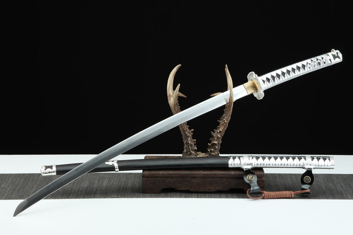 Japanese Tachi Sword – T10 Steel Blade with Ebony Wood Scabbard & Silver Wrap Handle - Chinese Sword store