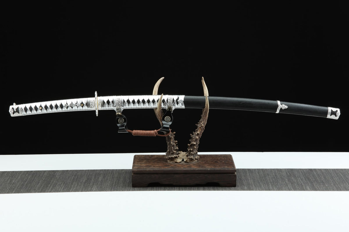 Japanese Tachi Sword – T10 Steel Blade with Ebony Wood Scabbard & Silver Wrap Handle - Chinese Sword store