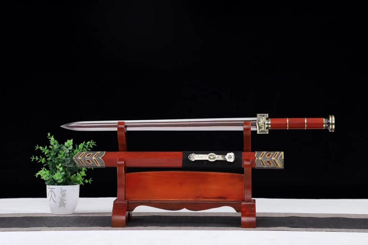 LOONGSWORD,Ruyi jian,Damascus Steel red Blade,Redwood Scabbard,Alloy Fittings