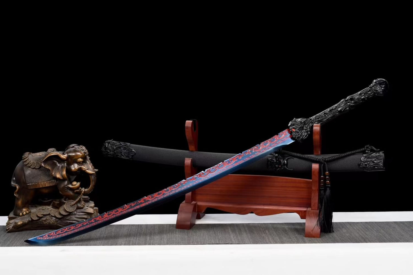 Black Gold Broadsword with Forged High Carbon Steel Etched Blade-PU Wood Scabbard and Alloy Fittings