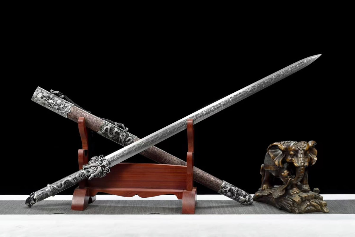 LOONGSWORD,Dragon King Swords with Forged High Carbon Steel Etched Blade-Faux Leather Scabbard