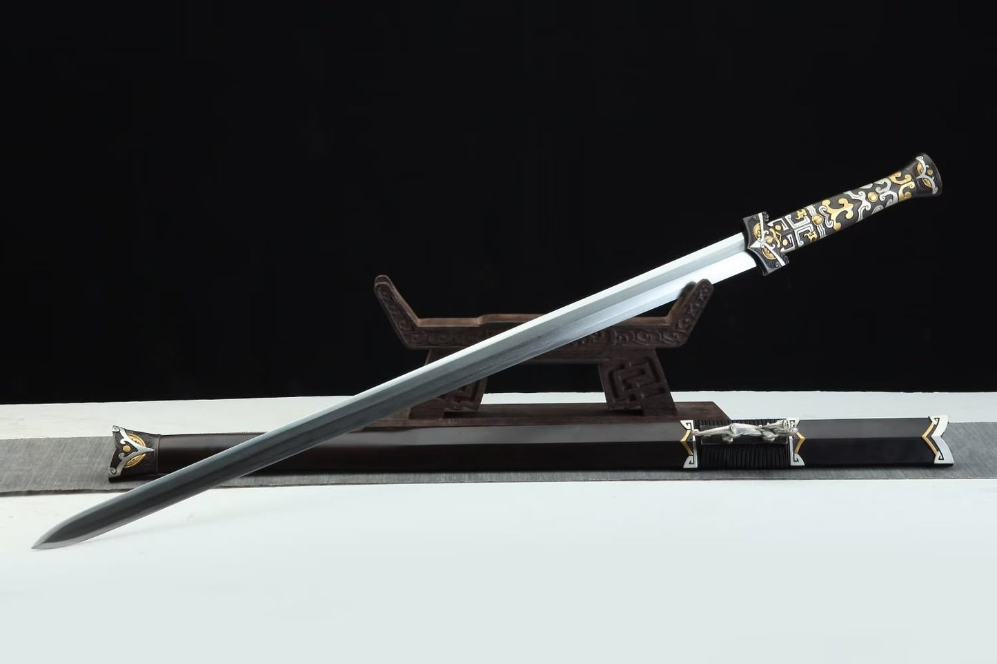 Han Swords Real,Forged 1095 Folded Steel Blade,Copper Fittings,Ebony Scabbard