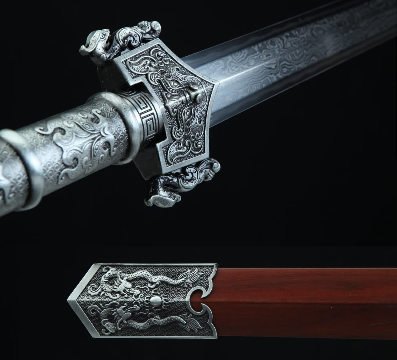 Han jian Swords Forged Damascus Steel Blade,Alloy Fittings,Rosewood Scabbard,LOONGSWORD