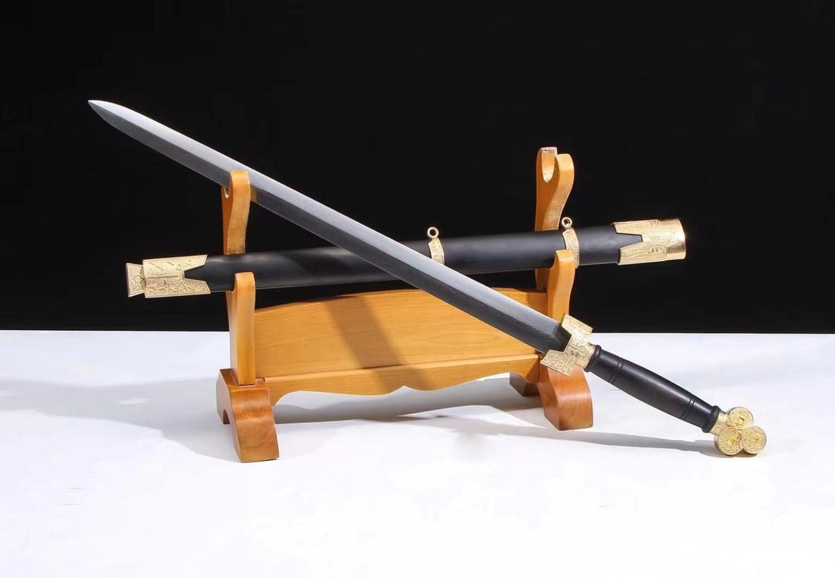 Chinese Swords Forged Damascus Steel Brass Fittings Sword Real Black Wood Scabbard