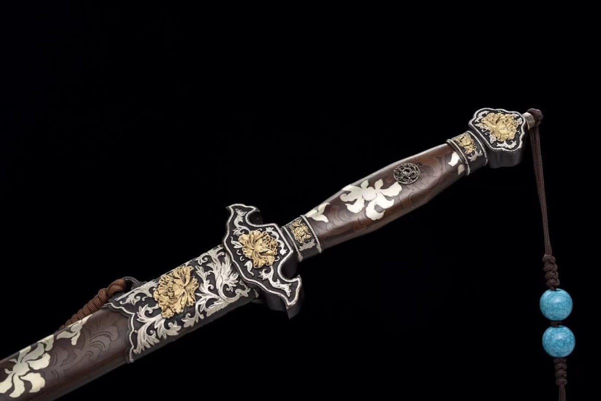 LOONGSWORD,Peony Sword Real,Forged Damascus Steel Blades,Brass Scabbard